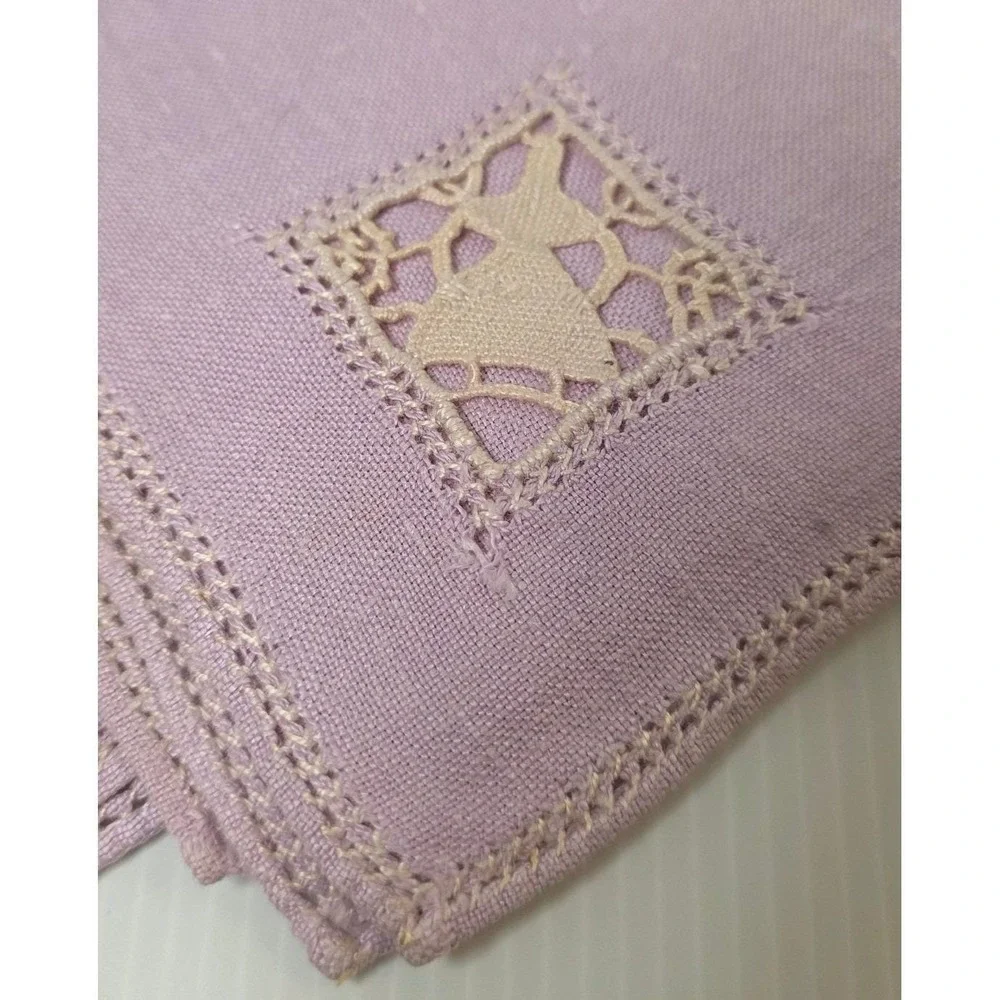 Vintage Purple Linens Napkins Set‎ of 4 Cutwork Inset Hemstitched